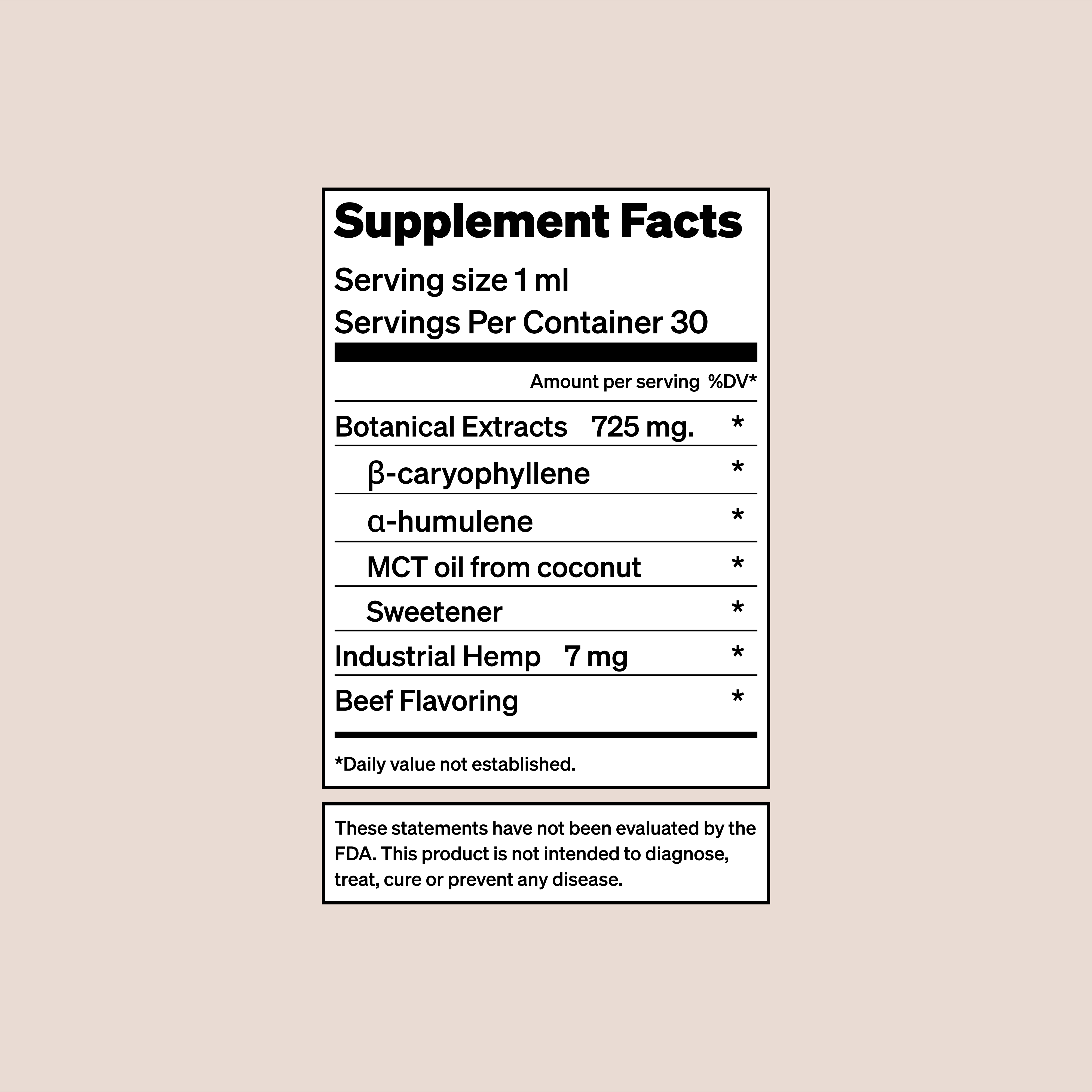 Supplement facts listing botanical extracts, 7 mg hemp, and a FDA disclaimer.