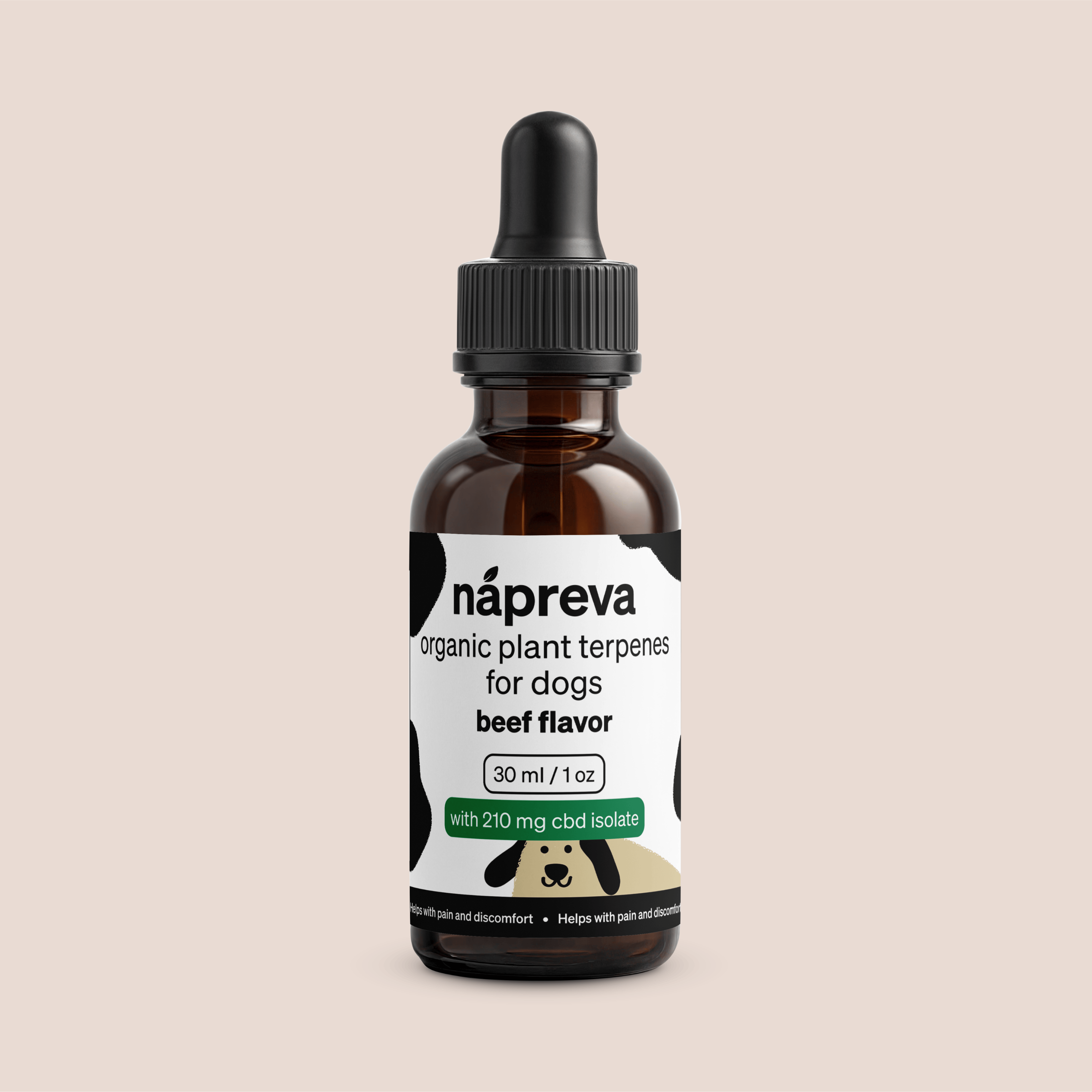 Brown glass dropper bottle labeled “Nápreva organic plant terpenes for dogs, beef flavor, 30 ml/1 oz, 210 mg CBD isolate.”