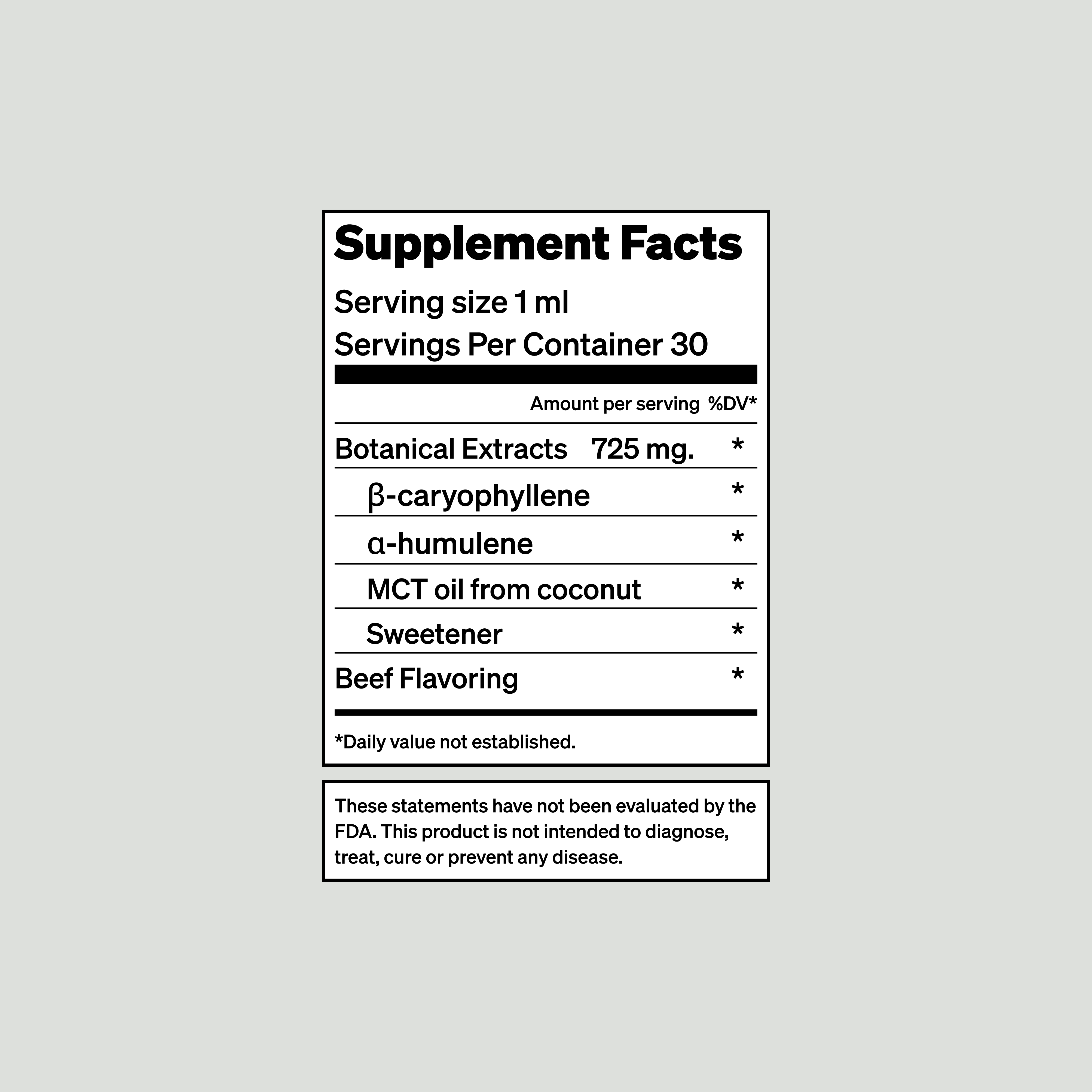 Supplement facts listing extracts and FDA disclaimer.