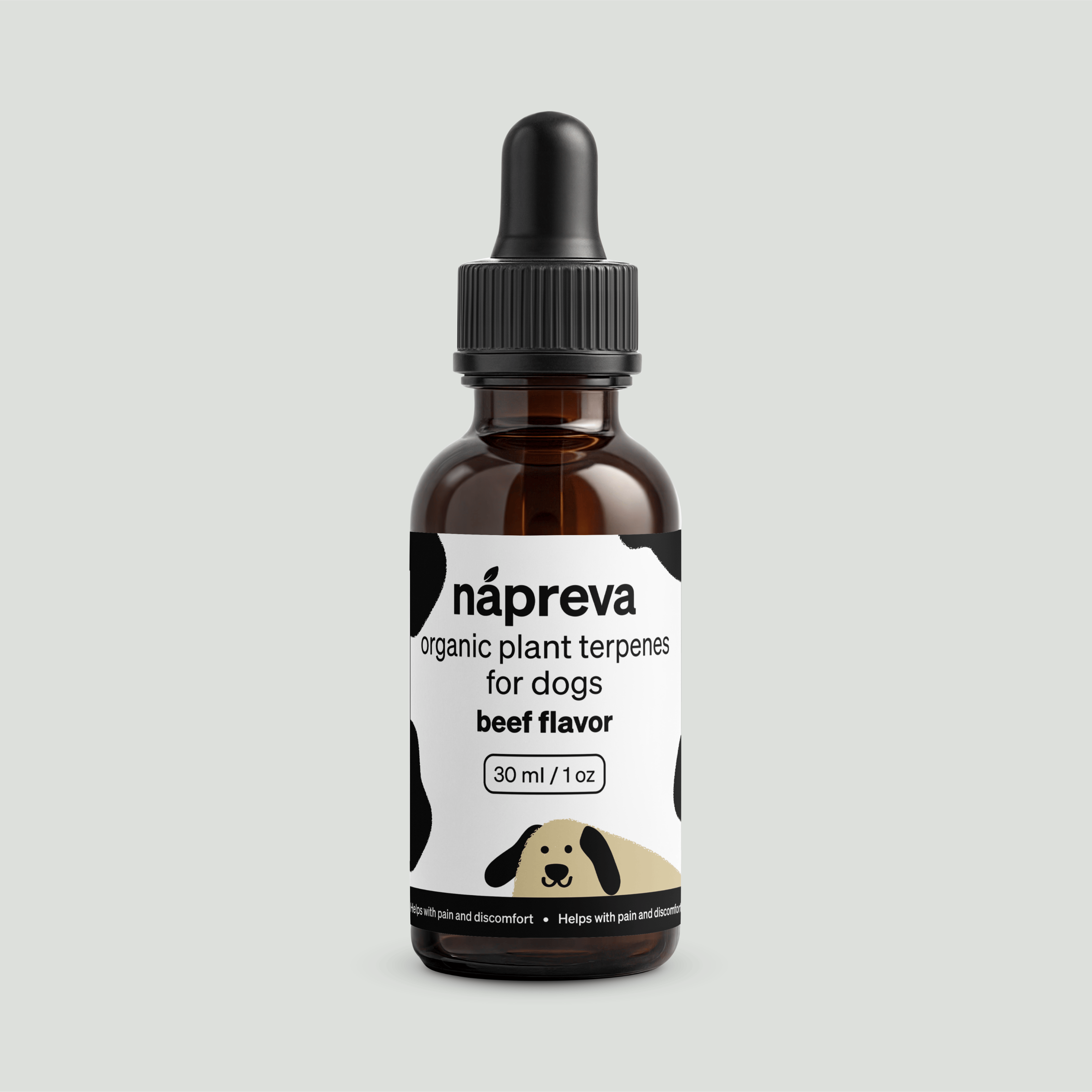 Brown glass dropper bottle labeled “Nápreva organic plant terpenes for dogs, beef flavor, 30 ml/1 oz”.