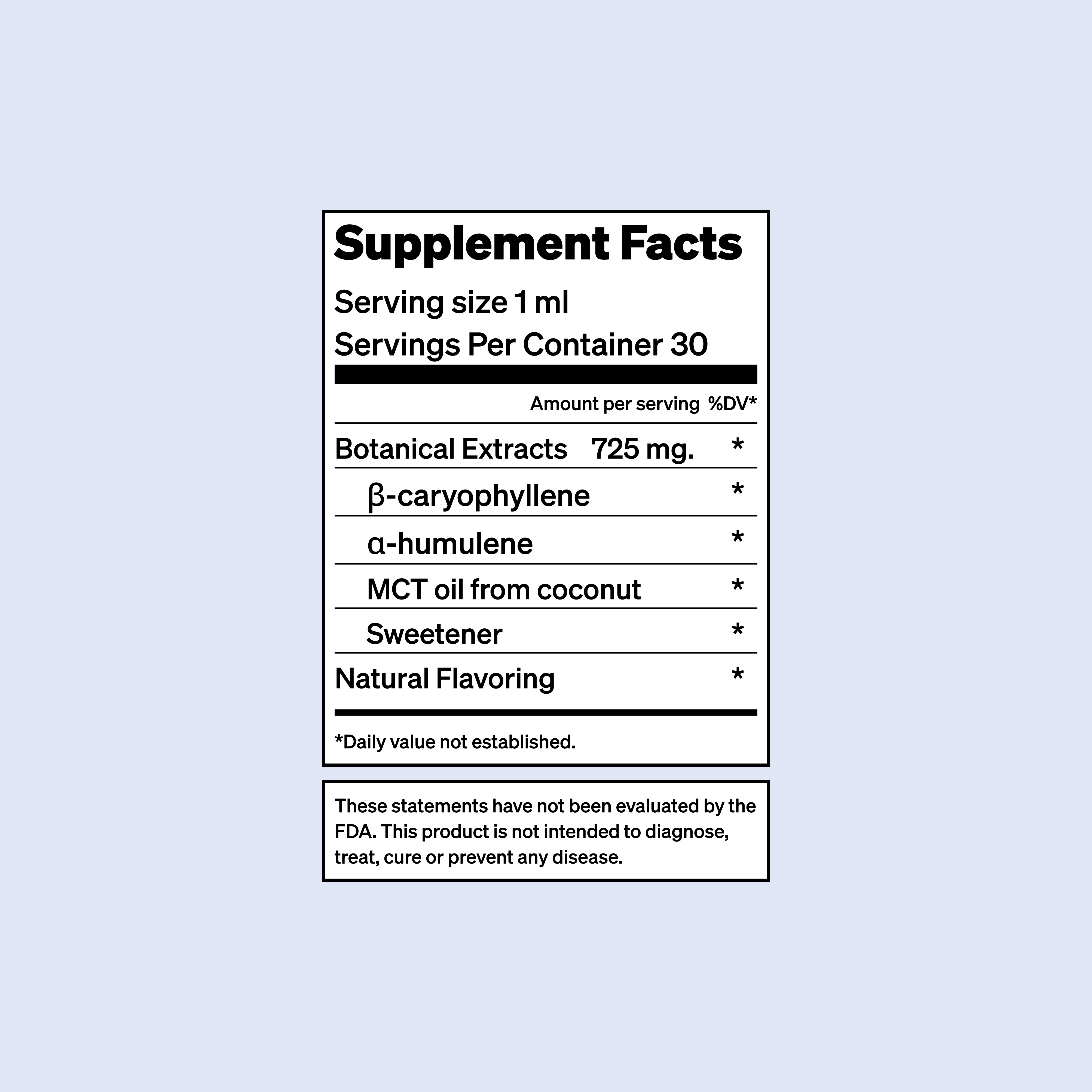 Supplement facts listing extracts and FDA disclaimer.